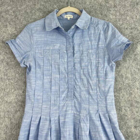 Suno Dress Womens 4 Blue Pleated Embroidery Gold Trim Midi Short Sleeve Resort - Picture 2 of 16